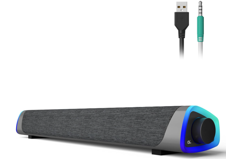 SOULION R30 Computer Speakers, USB Powered PC Speaker, Colorful LED Lights with Switch Button, 3.5mm Aux Surround Soundbar for Desktop Laptop Monitor Office Work Music Gray