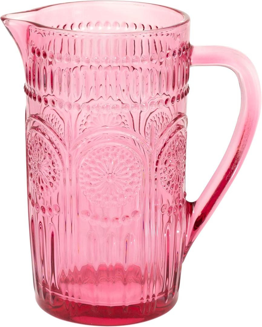 Boston International Vintage-Inspired Glass Pitcher with Embossed Floral Pattern, 4.5" x 7.75", Pink Codi