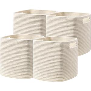 UBBCARE Set of 4 Storage Cubes-11 X 10.5 X 10.5 In, Cotton Rope Basket for Shelves, Toys, Book, Cube Storage Bin with Handles, Woven Storage Basket for Organizing, Beige