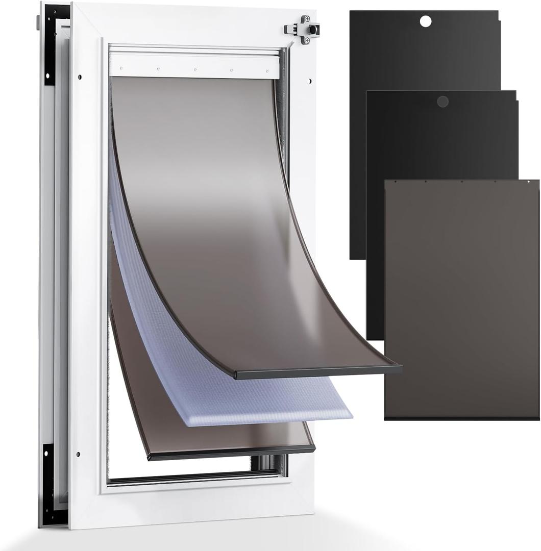 3-Flaps Aluminum Large Dog Door for Door, Pets Up to 110 lb | Include 1 Replacement Flap & 2 Closing Panels, Insulation Flap, Aluminum Safety Locks, Resist Extreme Weather, Heavy Duty