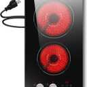 2 Burner Electric Cooktop, 110V Plug in 2000W, 12 Inch Built-in or Countertop Stove with Gray Knob, Electric Burners for Cooking 9 Power Levels, Safety Lock & Timer for Kitchen (grey knob and touch)