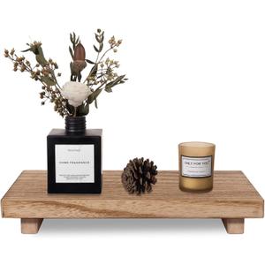 Small Wood Tray Pedestal Stand Farmhouse Bathroom Decor Decorative Wooden Riser Kitchen Soap Dish Holder for Vanity, Counter, Sink, Large 11.8" x 7" - Brown