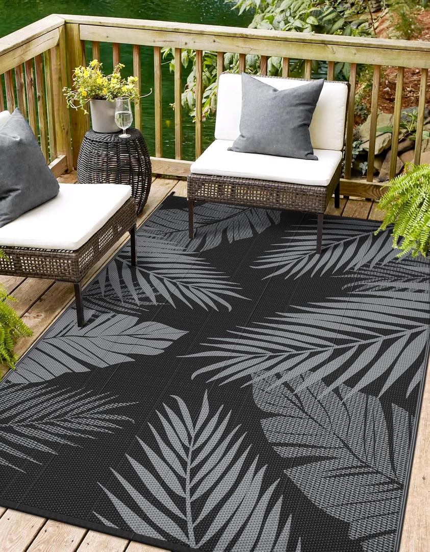 sarben Outdoor Rug 9x12 Waterproof for Patio Clearance, Reversible Indoor Outdoor Plastic Straw Camping Rug Carpet, RV Mat, Large Area Rug for Deck, Backyard, Balcony, Porch, Beach, Black & Grey