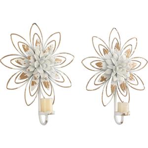 SOFE Vintage White Gold Candle Sconces Wall Decor Set of 2, Metal Flowers Wall Mount Candle Holders for Small Pillar Candles, Rustic Candle Sconces, Shabby Chic Hanging Wall Decor for Living Room