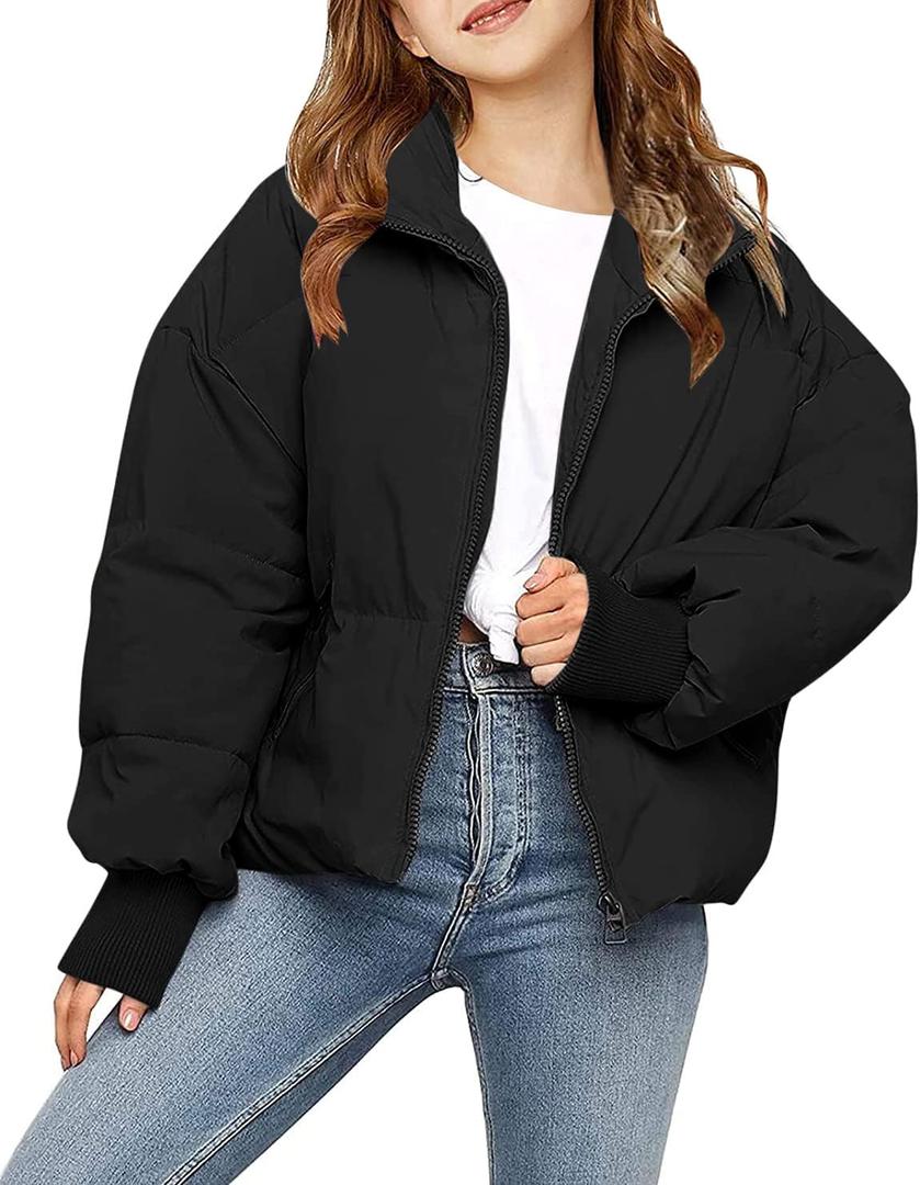 rrhss Girls Winter Long Sleeve Zip Puffer Jacket Kids Baggy Short Down Coats (7-8 Years, Black)