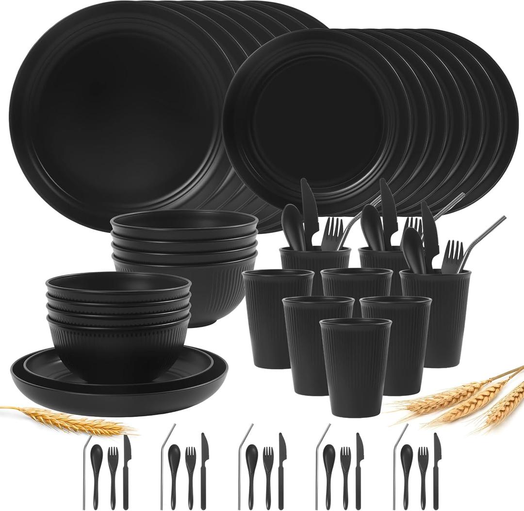 64PCS Wheat Straw Dinnerware Set BPA Free Unbreakable Reusable Dinnerware Set Kitchen Cups Plates and Bowls Sets Dishwasher Microwave Safe Plates