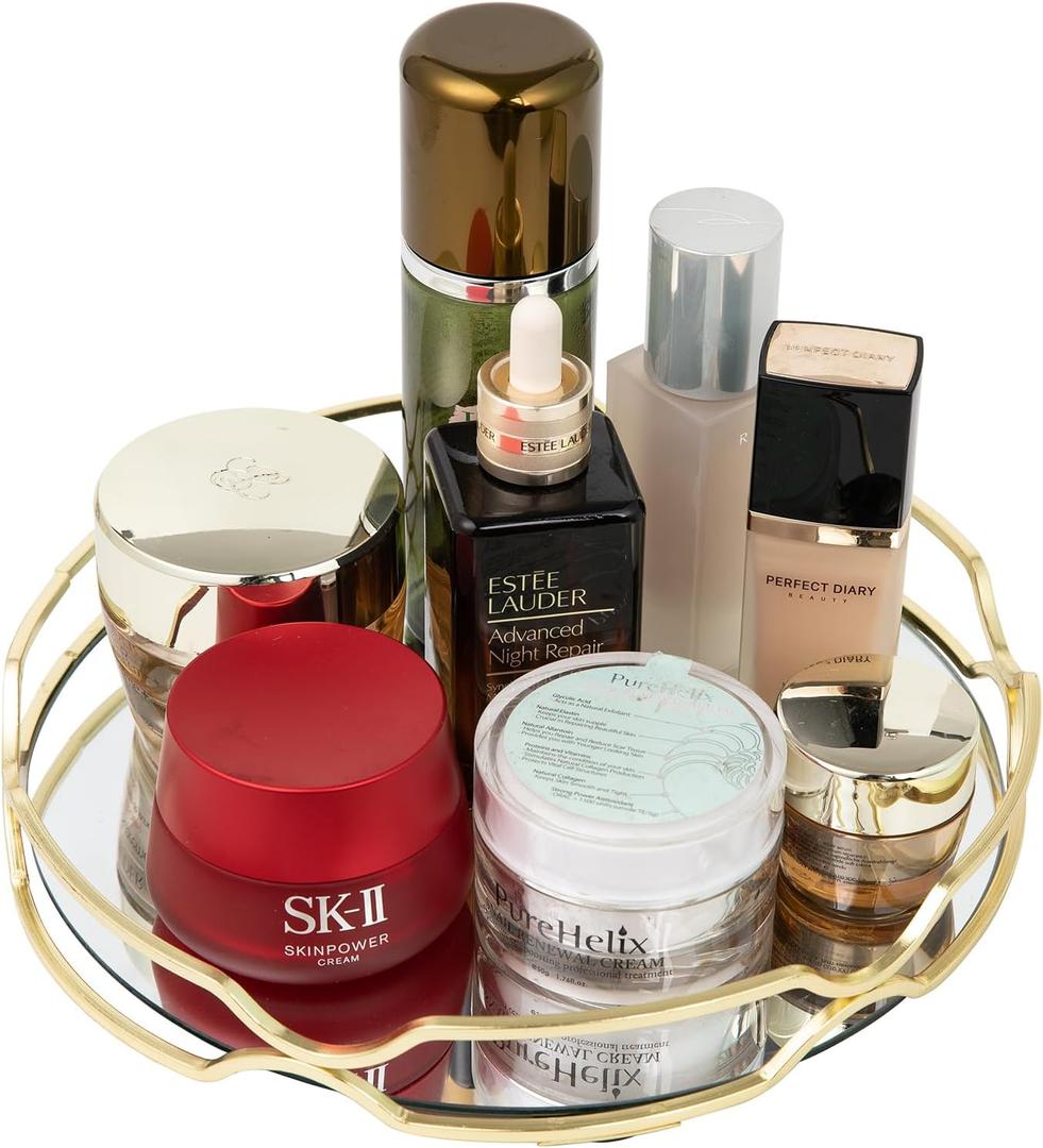 Mirror Glass Vanity Tray Round Cosmetic Decorative Tray for Kitchen Bathroom Living Room Desktop Home Storage for Christmas Valentine's Day Perfume Dresser Jewelry Trinket Organizer (Gold, 9.9 in)