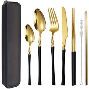 AARAINBOW 7 Pieces Stainless Steel Flatware Set Portable Reusable Cutlery Set Travel Utensils Set Including Chopsticks Knife Fork Spoon Straws Cleaning Brush Dishwasher Safe (B-Black Golden)