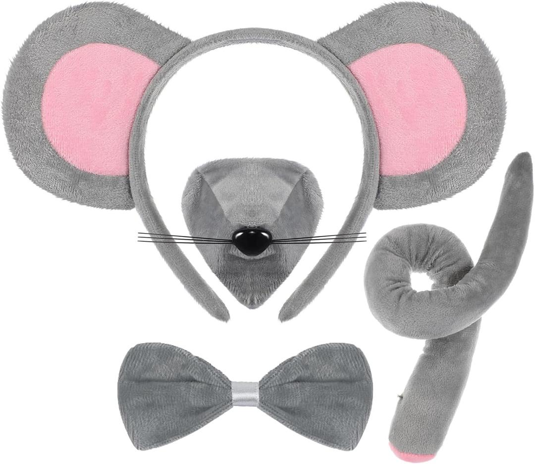 Mouse Costume Set, Grey Mouse Ears Tail Nose and Bow Tie Cartoon Animal Cosplay Accessory Halloween Dress Up Costume for Kids Adults