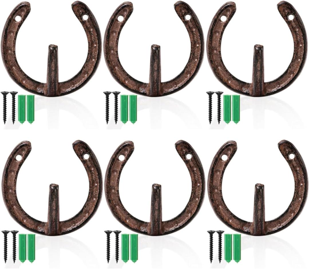 ZAVOOS 6 Pack Cast Iron Wall Hooks, Vintage Heavy Duty Wall Mounted Horseshoe Hanger, Multiuse Coat Hook Farmhouse Decor for Hanging Hat Key Towel Bag