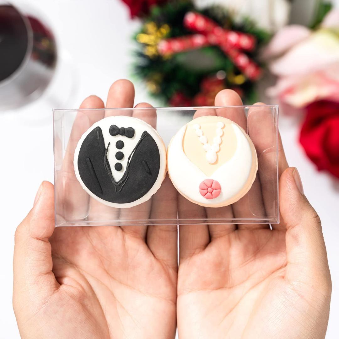 100 Pack Clear Macaron Boxes for 2 Small Plastic Chocolate Covered Ore Boxes 4.17 x 2.16 x 1.37 Inches for Wedding Bridal Shower Baby Shower Party Favors Small Bakery Boxes Pastry Treat Boxes