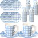 FoldTier 100 Pcs Blue Gingham Tea Party Plates and Cups Blue Gingham Party Supplies Disposable Paper Plates and Tea Cups with Handles Checkered Tableware Set for Wedding Baby Shower Birthday Decor