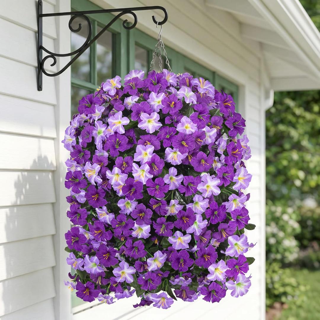 HyeFlora Artificial Flowers with Basket for Outdoors, 3pcs Faux Hanging Morning Glory Silk Fake Flowers Lifelike Plants UV Resistant Flowers for Outside Planter Patio Garden Porch Decor (Purple)