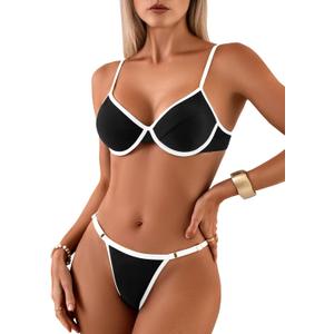 TASHEHE Women's Underwire Thong Bikini Set Push Up Swimsuit Contrast Binding Two Piece Bathing Suit - 616 / Black/ White - Small
