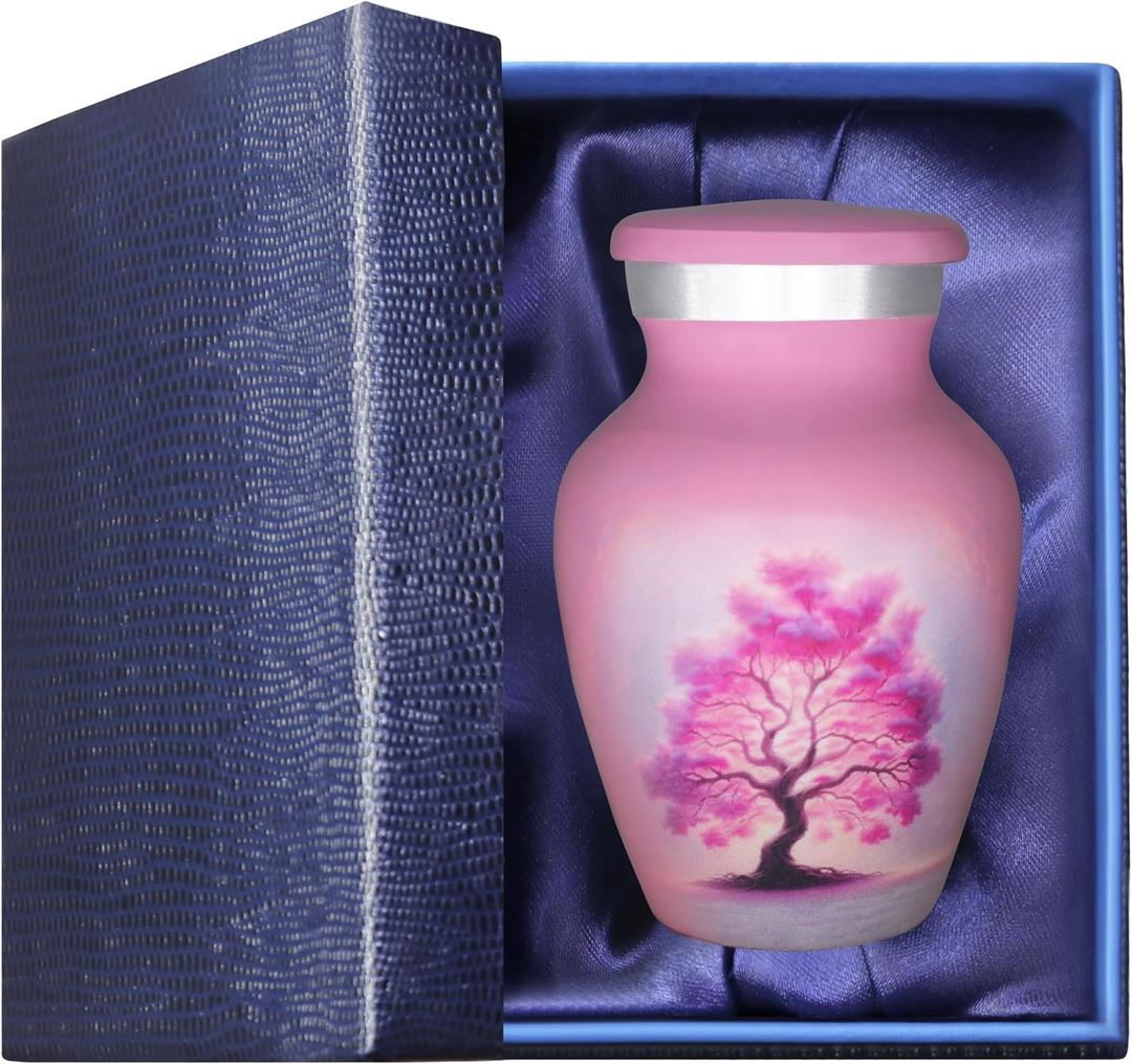 M MEILINXU Small Urns for Human Ashes Keepsake, Mini Urn for Ashes Adult Female & Man, Miniature Decorative Urns for Women, Cremation Container, Pink Sky Cloud and Tree of Life Urn - Little Size