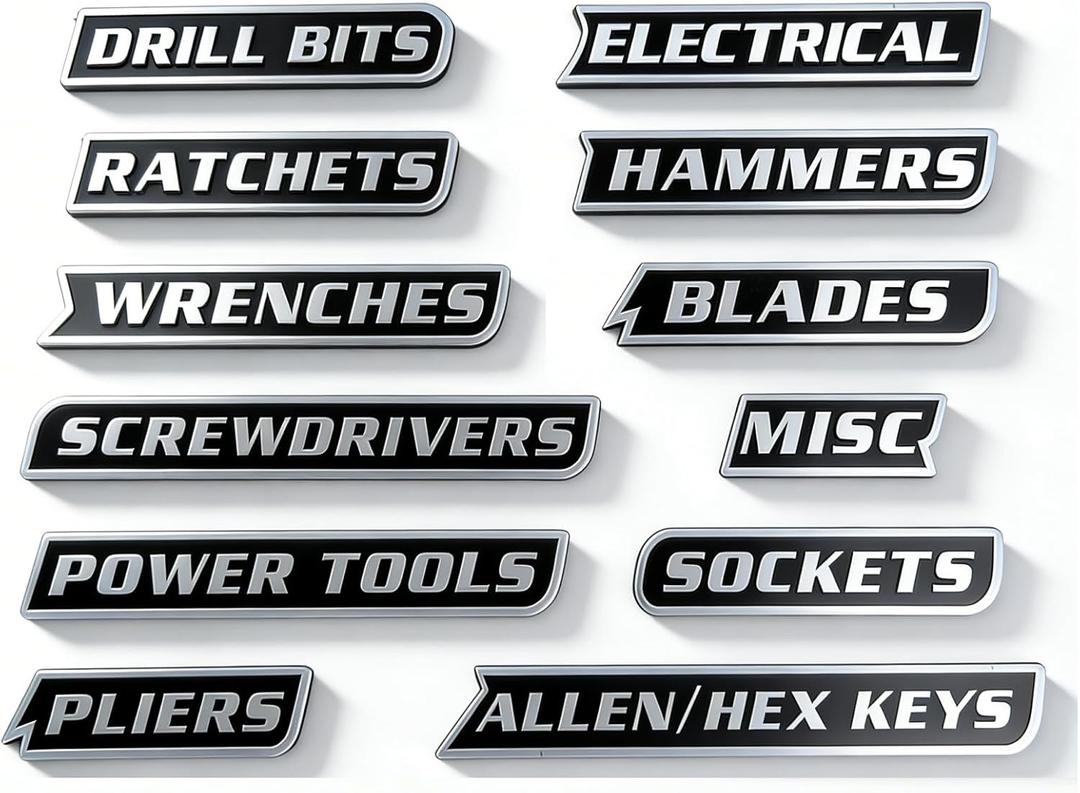 2 x Magnetic Tool Box Labels, Reusable Heavy Duty Magnetic Toolbox Labels for Garage, Workshop, Storage Bins, 12 Pcs/Black (Extra-thick)