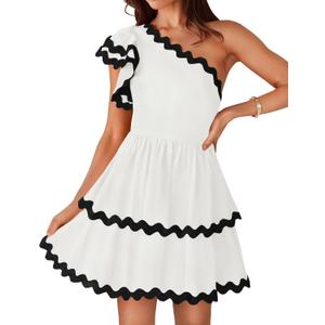 ZESICA Women's 2025 Summer One Shoulder Dresses Ruffle Short Sleeve Tiered Layered Swing A Line Mini Sundress (M)