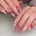 Long Press on Nails Almond Fake Nails Flower False Nails with Colorful Floral Bow Cherry Design Glue Pink Nails Matte Full Cover Stick on Nails Stiletto Acrylic Nails for Women Spring Manicure 24PCS 