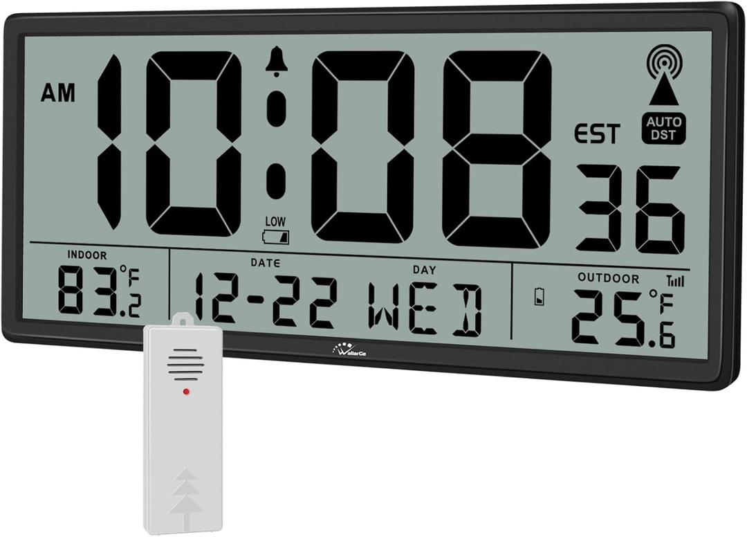 WallarGe Atomic Clock with Indoor Outdoor Temperature - Easy to Read - Self Setting, 14.5'' Jumbo Auto Set Digital Wall Clock Battery Operated (Carbon)