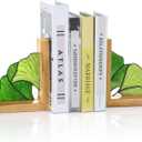 Maitys Ginkgo Leaf Bookends with Oak Wood Base Stained Glass Novelty Bookends Organizer Cute Book Ends for Shelves Desks Libraries Book Lover Gift (Green)