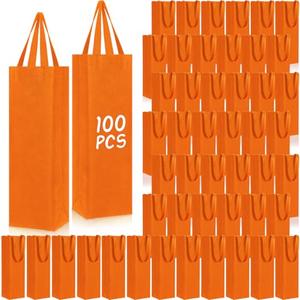 Windyun 100 Pcs Gift Bags with Handle Reusable Small 13.8x3.5x3.9 Inches Bottle Totes Bulk for Birthday Wedding Christmas Holiday Party (Orange)