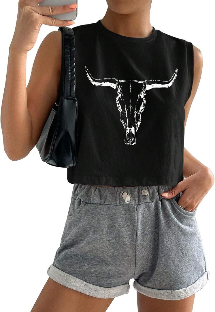 Country Concert Outfits Crop Tank Tops Women Cute Casual Summer Western Cowgirl Graphic Crop Tops for Teens Girls (White, L)