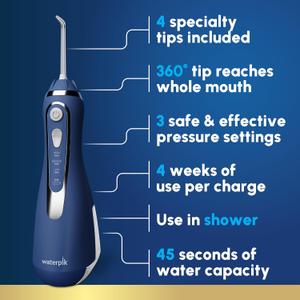 Waterpik Cordless Advanced 2.0 Water Flosser For Teeth, Gums, Braces, Dental Care With Travel Bag and 4 Tips, ADA Accepted, Rechargeable, Portable, and Waterproof, Blue WP583, Packaging May Vary