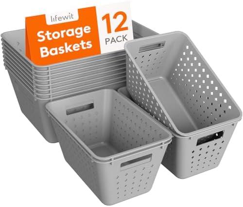 Lifewit Plastic Storage Basket, 12 Pack Stackable Storage Bins for Organizing, Multi Size Open Containers for Shelving, Pantry, Office and Cabinet, 8 Large and 4 Small Size, Gray