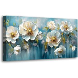 Haichuang Decor Art White Peony Flower Canvas Wall Art 40x20 Inches Framed Blue White Floral Oil Painting Wall Decor Waterproof HD Giclee Print Ready to Hang Modern Floral Artwork for Living Room Bedroom Bathroom
