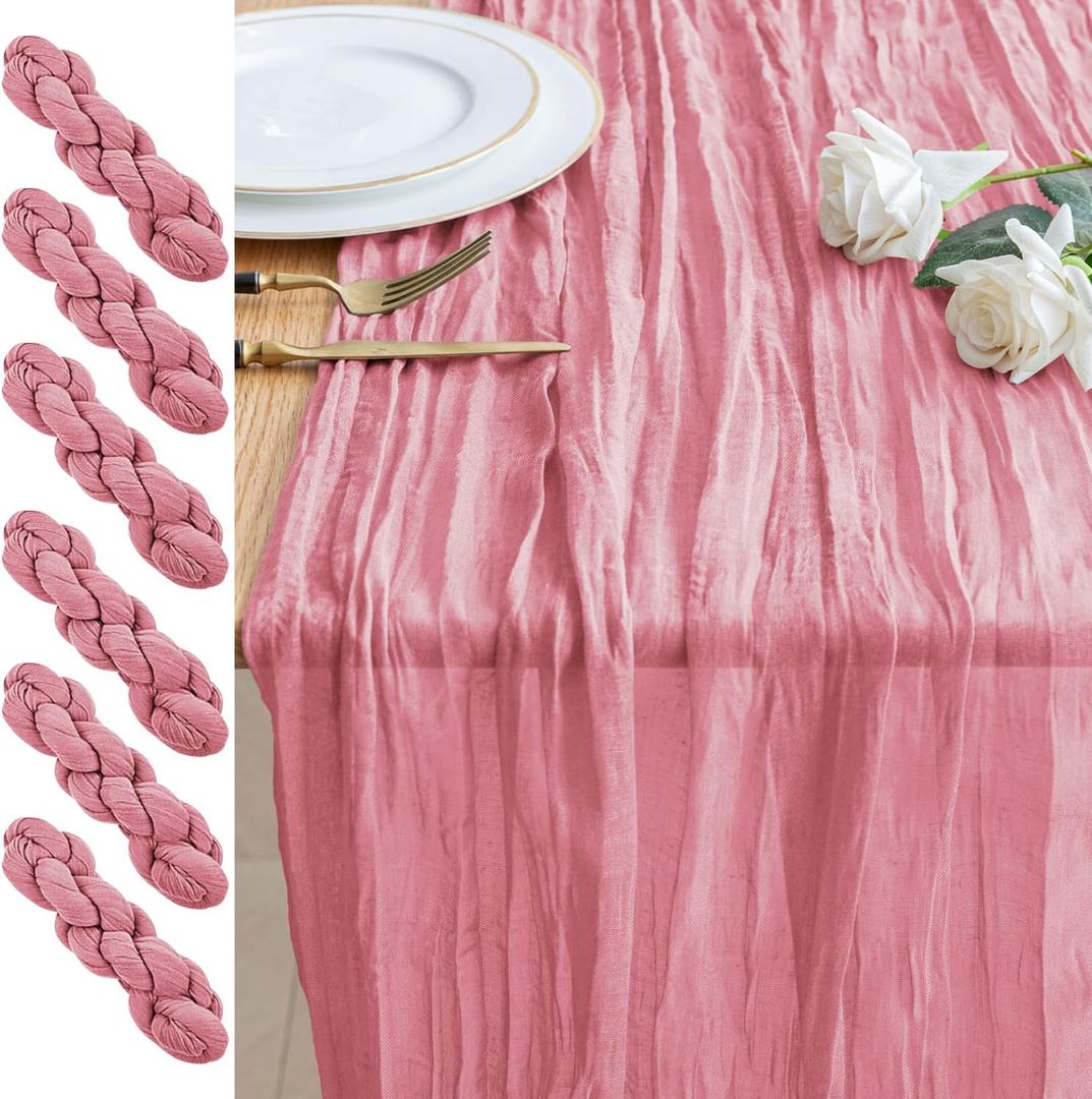 6PCS Table Runner Cheesecloth 10FT Dusty Rose Boho Gauze Cheese Cloth Rustic Sheer Table Runners for Wedding Birthday Bridal Baby Shower Party Decoration