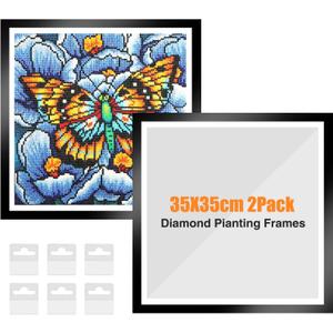 NAIMOER Upgraded 2Pack Diamond Painting Frames, Frames for 35x35cm Diamond Painting Canvas, Magnetic Diamond Art Frame Self-Adhesive, Diamond Painting Frames with Hooks for Wall Window Door (Black), Mittel