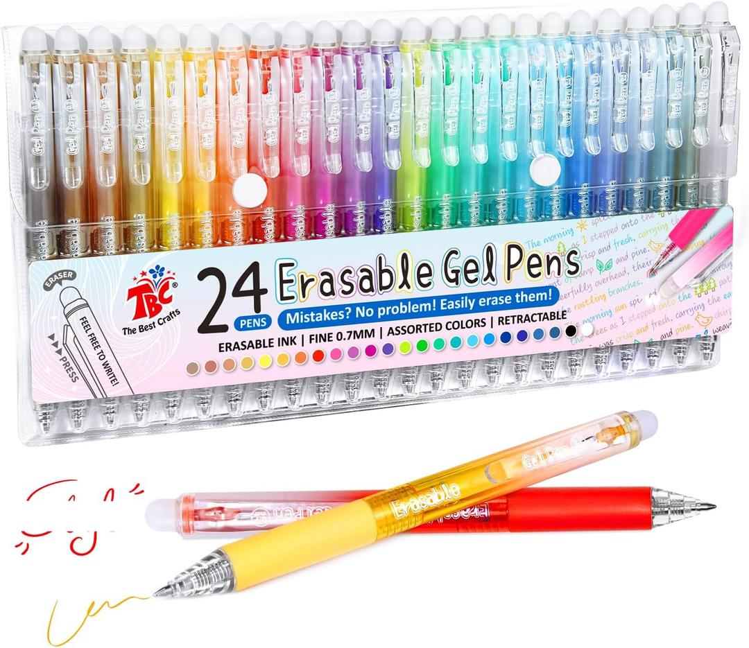 TBC The Best Crafts Erasable Pens, 24 Colors Retractable Erasable Gel Pens, Make Mistakes Disappear Pens Erasable, Fine Point 0.7 mm Colored Pens, Gel Ink Pens For School Supplies & Office Writing.
