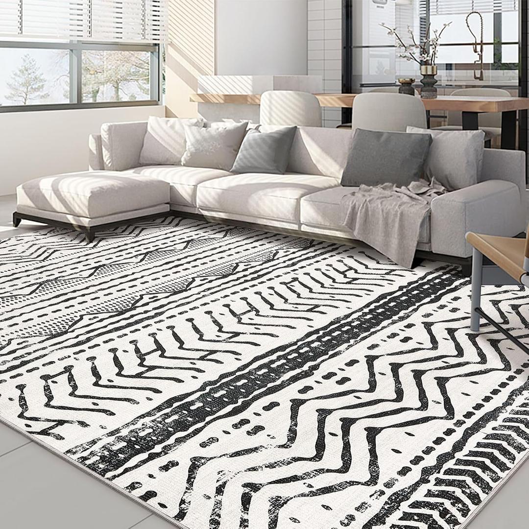 Nakagishi Black Rug Living Room Rugs: 10x12 Machine Washable Boho Large Neutral Modern Soft Moroccan Stain Resistant Indoor Floor Non Slip Accent Carpet for Bedroom Nursery Kids Playroom Office
