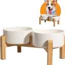 Elevated Ceramic Dog Bowl Set - Raised Dog Bowls with Non-Slip Bamboo Stand - Dog Food and Water Bowl Set - Double Dog Feeding Bowls - Suitable for Small and Medium Dogs - 28.74 OZ - 3.6 CUPS - 850 ML (White)