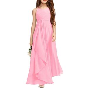Imily Bela Girls A-Line Halter Dress Junior Bridesmaid Flower Girl Flowy Chiffon Maxi Dresses Wedding Party Pageant Gown (13-14 Years, Pink)