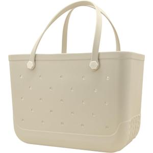 X-Large Waterproof Sandproof Rubber Beach Tote Bag with Zipper Pocket and Phone Kickstand Cup
