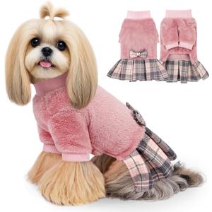 WOYYHO Small Dog Sweater Dress Winter Fleece with Plaid Skirt & Bowtie, Warm Long Sleeve Puppy Clothes for Chihuahua Yorkie Dachshund, Pink, Size M (Medium (7.5-12 lbs))