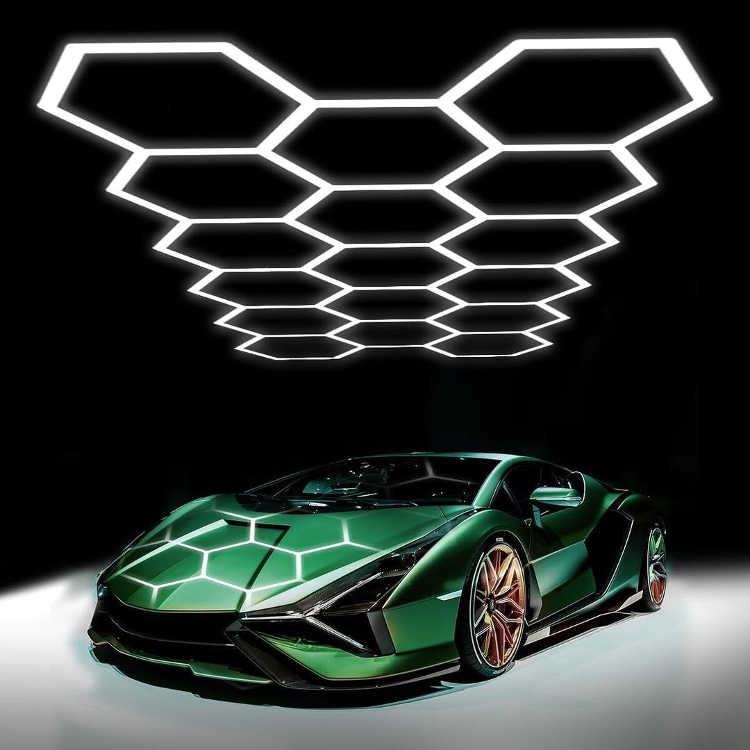 Hexagon Garage Lights: 68 Pack 17 Honeycomb Hexagon LED Light 6500K 60500LM 550W 5X2.4m Garage Lights Ceiling LED Wall Lighting for Gym Basement Warehouse Car Detailing Salon Workshop