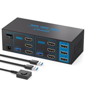KVM Switch 3 Monitors 2 Computers HDMI 4K60Hz USB3.0 KVM Switch 2 Ports with 4 USB Ports for 2 Computers Sharing Triple Monitor and 4 USB Devices Support Extended & Copy Mode with 2 USB Cables (Deep Blue)