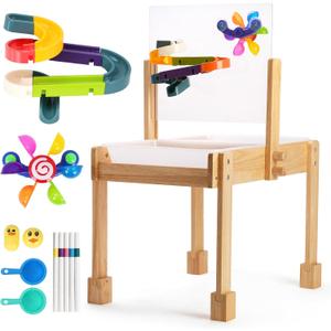 Sand and Water Table for Todders, Wooden Sensory Table with Waterproof Cover 2 Storage Bins Painting Acrylic Board,5 Markers Water Slide Track & Windmill Toys Indoor Outdoor Play Table