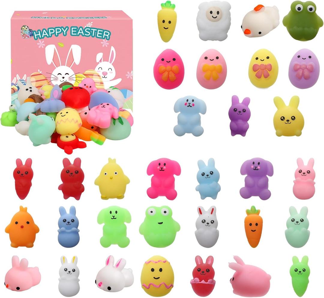 32 PCS Easter Mochi Squishy Toys Stress Relief Squishies for Kids Boys Girls Toddlers Easter Basket Stuffers Egg Fillers Gifts Party Favors,Easter Basket Stuffers fillers with Storage Box