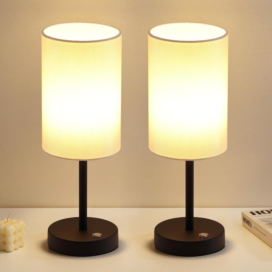 KDG Simple Cordless Table lamp, Portable Bedside 5000mAh LED Desk Lamp, 3 Brightness Levels Emergency Light, Linen Lampshade for Living Room, Bedroom, Dining Room, Night Light (Black) (Black + Beige Lampshde (2 Pack))