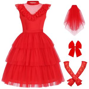 Women Lydia Costume Adult Beetle Bride Red Wedding Dress Halloween Costumes Deetz Gothic Cosplay Outfit with Headdress (Medium)