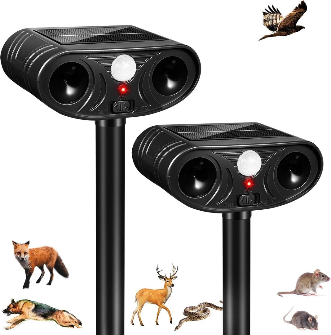 2026 Upgraded Solar Ultrasonic Animal Repellent, 2 Pack IP65 Waterproof Sonic Deer Deterrent, Motion Activated Outdoor Repeller to Keep Cats, Squirrels, Raccoons, Skunks & Dogs Away from Garden, Yard