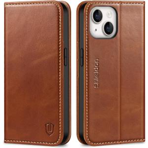 SHIELDON Case for iPhone 14 6.1" 2022, Genuine Leather Folio Wallet Case Magnetic Closure RFID Blocking Credit Card Slots Kickstand Full Protection Cover Compatible with iPhone 14 - Retro Brown