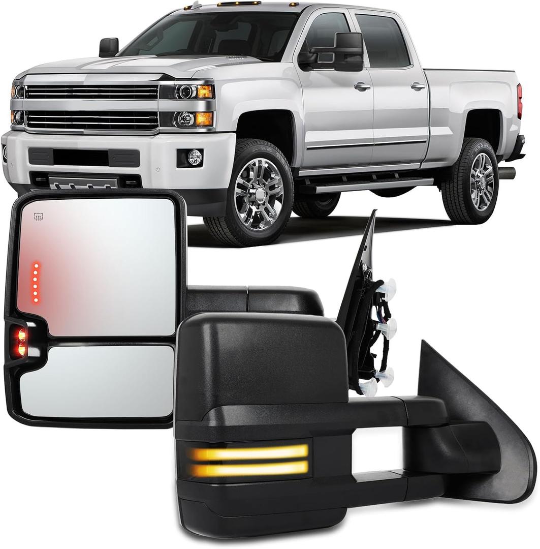 OCPTY Tow Mirrors Pair Fit for 2014-2020 Chevy Silverado GMC Sierra Pickup with Power Adjusted Heated Arrow Turn Signal Light Yellow Running Clearance Light Towing Mirrors