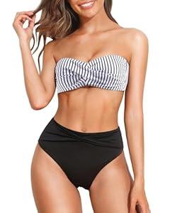 Tempt Me Women Bandeau Bikini Set Twist Strapless Two Piece Swimsuit High Cut High Waisted Bathing Suits (X-Small, Black)