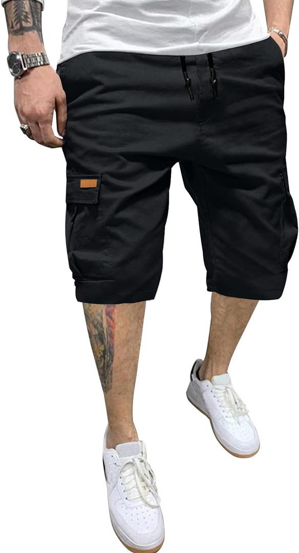 JMIERR Mens Casual Cotton Twill Cargo Shorts Drawstring Classic Chino Stretch Short with 6 Pockets (Black, L)