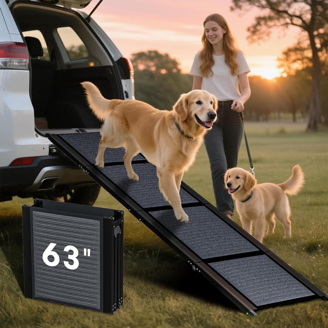 HBTower 63" Long & 17.3" Wide Folding Dog Ramp for Car, SUV & Truck  Portable Pet Ramp with Non-Slip Surface, Extra Wide Steps for Large Dogs Up to 250LBS HBTower 63" Long & 17.3" Wide Folding Dog Ramp for Car, SUV & Truck  Portable Pet Ramp with Non-Slip Surface, Extra Wide Steps for Large Dogs Up to 250LBS