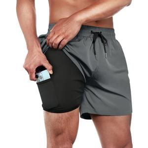 BRISIRA Mens Swim Trunks Swim Shorts Quick Dry 5 inch Inseam Beach Shorts with Compression Liner and Zipper Pocket (34, Grey)